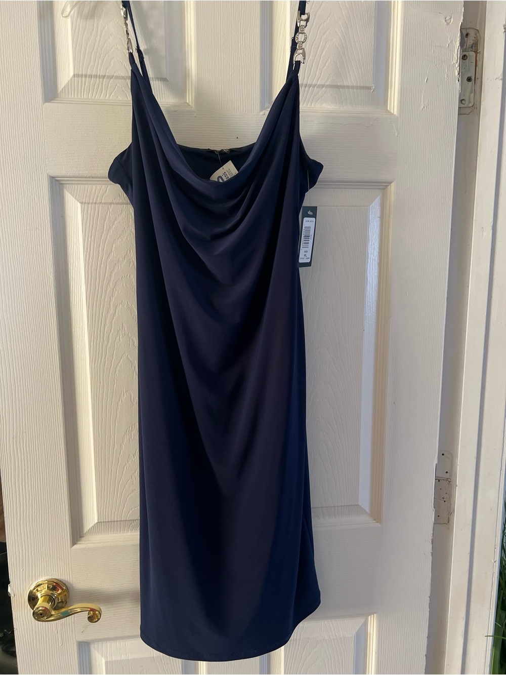 Cowl-Neck Spaghetti Strap Midi Dress in Navy
